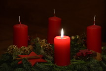 One candle is burning at the Advent wreath for the first advent. 
advent, candle, Christmas, candles, four, three, two, one, lit, light, bright, burn, burning, wreath, birth, Jesus, born, waiting, wait, flame, flames, red, arrive, arriving, come, coming, await, await arrival, arrival, anticipated, anticipate, anticipating, expected, expect, expecting, awaited, long-awaited, hope, hoping, desiderated, longed, longed for, long-yearned-for, crave, desire, long, desiderate, longing, craving, desiring, fir, fir branch, branch, fir-bough, cone, fir cone, pine, pine cone, quiet, time, Christmas story, nativity, nativity story, countdown, count, first, first advent 