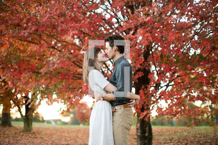 a couple hugging outdoors in fall leaves 