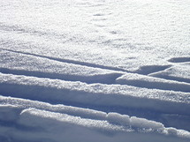 tracks in the snow at a bright day with sunshine. 
