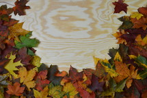 fall leaves border on wood boards 