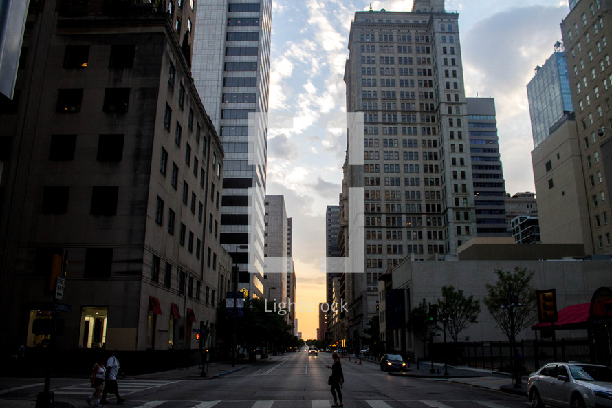 downtown Dallas crosswalk at sunset 