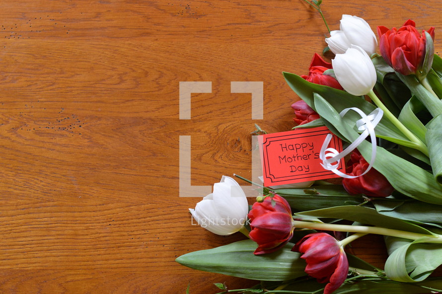 Happy Mother's Day card with a bouquet of red and white tulips for Mothers Day 