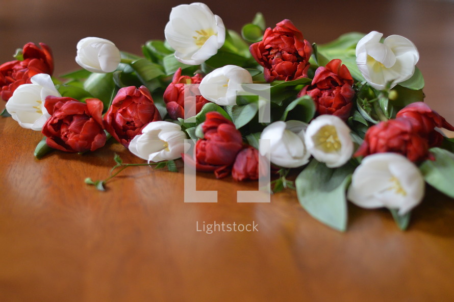 Red and white tulips on a wooden table. 
tulips, red, white, tulip, bloom, blossom, bright, spring, flower, flowers, creation, green, beauty, beautiful, nice, lovely, fine, pleasant, fair, pretty, plant, flourish, natural, leaves, leaf, green, mother's day, mother, mom, mum, mommy, March, April, May, bouquet, gift, present, thank you, thanks, floral, bunch, posy, wood, wooden, table, frame, edge, rim