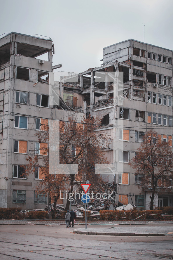 Bombed out buildings with damage