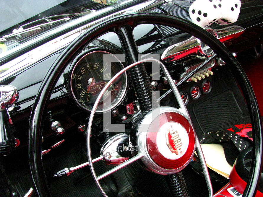 Interior of a vintage, classic car.