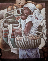 painting of a woman carrying a basket of food and her child 
