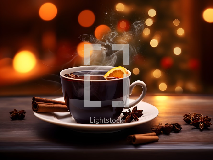 Mug of Hot  Mulled Wine on a Table wtih Spices and a Christmas Tree in the Background