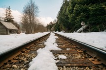 Railroad track by a log cabin in a snow covered landscape.