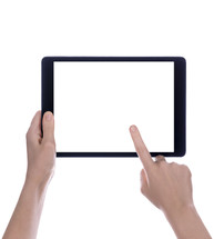Hands holding a tablet computer with white screen.