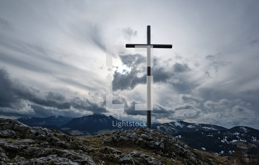Christian crisis on the rock, religious motif, background, winter mountain landscape