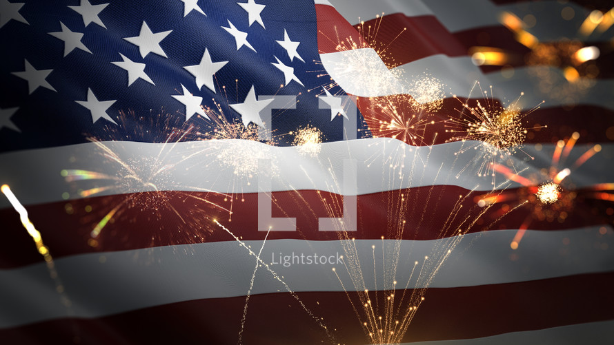 American flag waving with fireworks celebrating 4th of July. Independence, Memorial, Celebration, Fireworks concept
