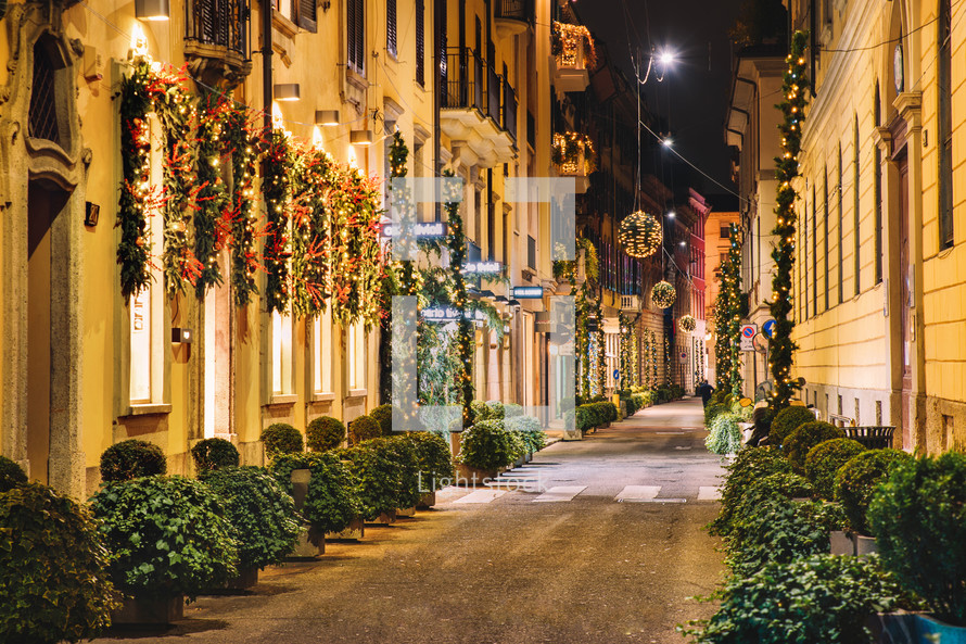 Christmas decorations at night in Milan