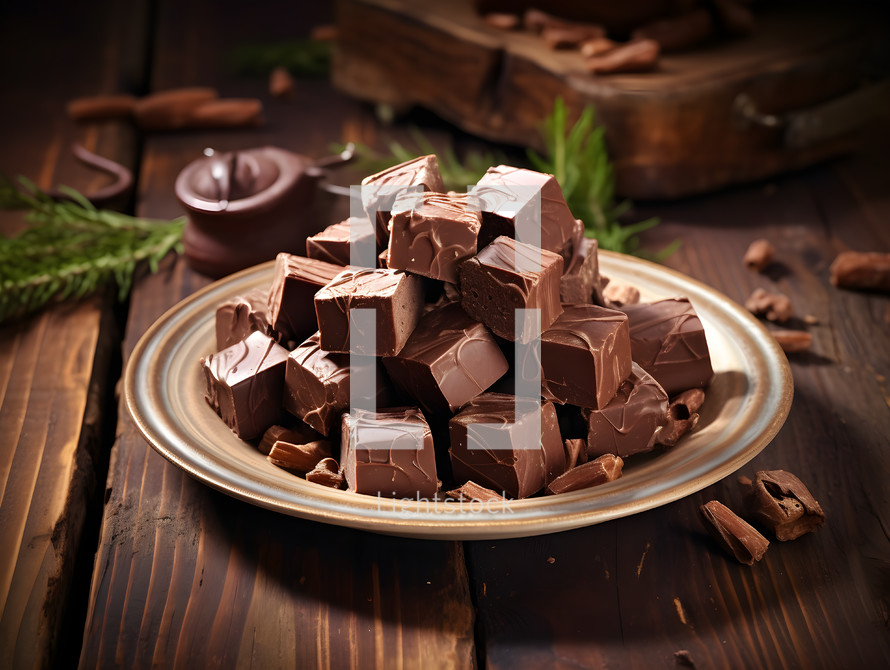 Plate Filled with Traditional Milk Chocolate Fudge on a Wooden Table