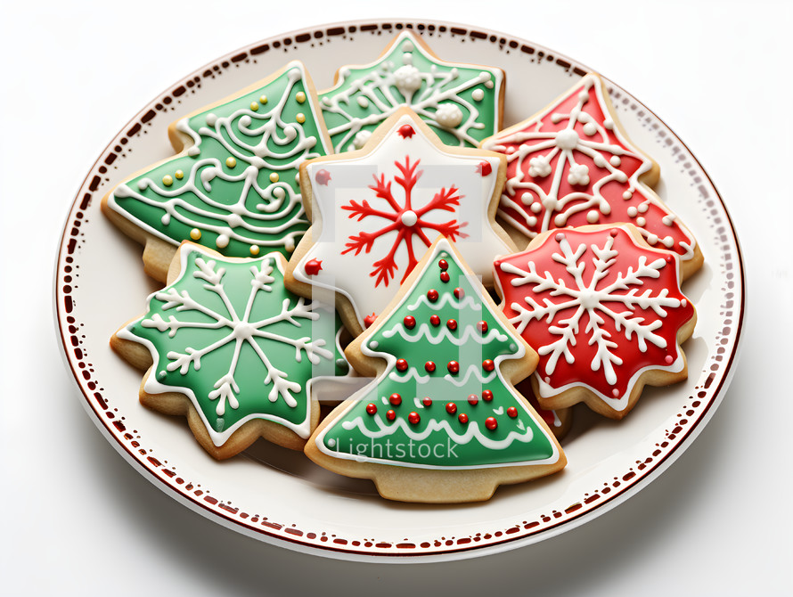 A Plate Full of Red White and Green Christmas Sugar Cookies Isolated on a White Background