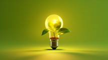 Green plant growing in a light bulb on a green background.