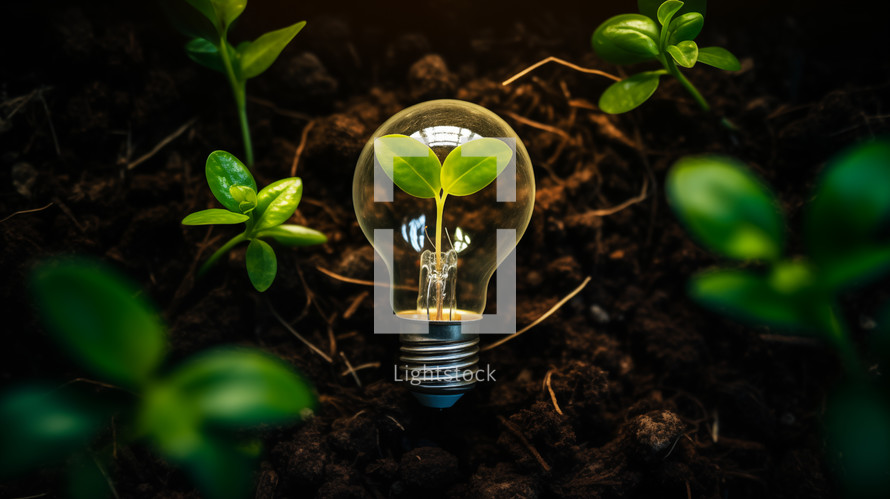 Green plant growing in a light bulb in the dirt.