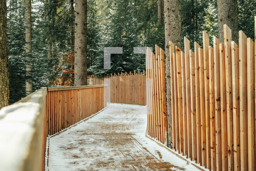 Eco wooden alley in winter forest. Beautiful bridge in snowy scenery, nobody. High quality photo