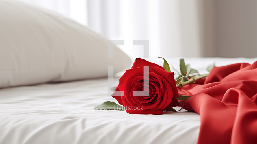 Closeup of a red rose on a bed. Romantic love concept. 
