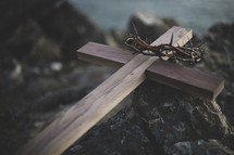 cross and crown of thorns on a rock 
