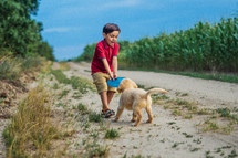 Handsome little boy playing frisbee with his beloved golden retriever puppy dog on countryside road, nature.