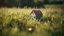 Miniature toy house in the grass. 