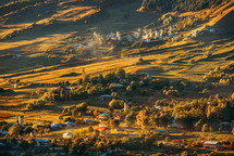 Sunset in the autumn mountain village