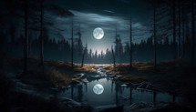 Night sky with moon over dark forest