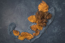 golden fall leaves and gray scarf on a gray background 