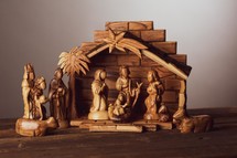 Carved olive wood nativity scene 