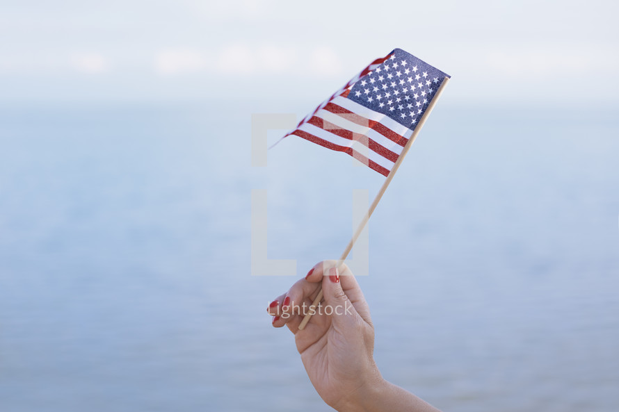 hand holding a small American flag 