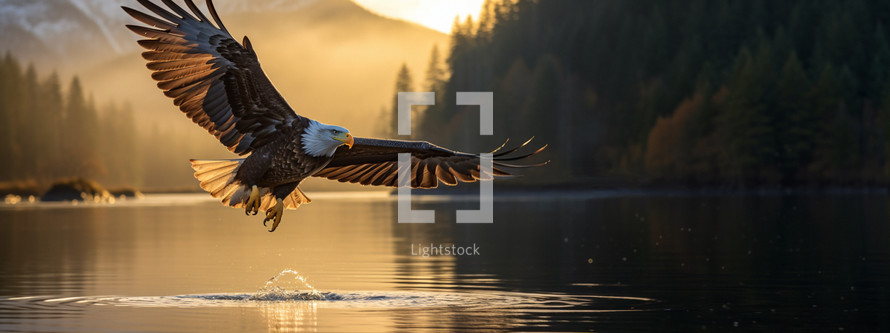 A Bald eagle flying over the water's surface.