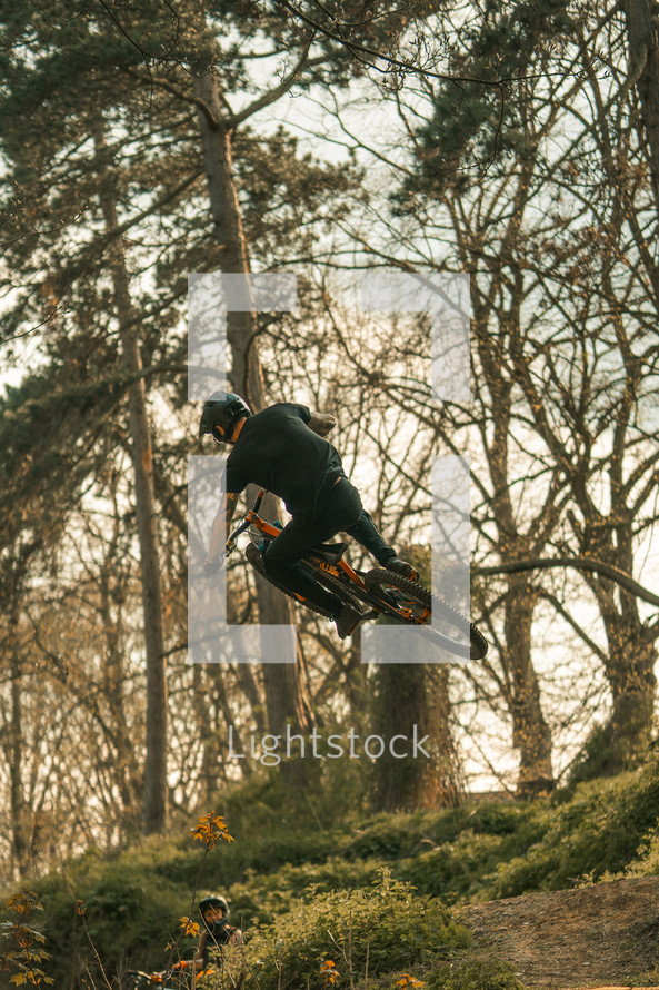 Mountain bike, off-road bicycle, dirt jump bike extreme sports, woodland trail cycling, bike helmet, full suspension MTB
