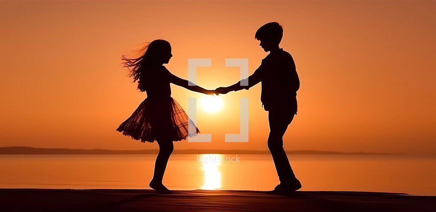 Silhouette of two couple children dancing on the sandy beach at sunset time in Summer. AI Generative