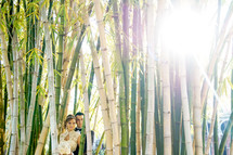 Bride and groom standing in a forest of bamboo, sunlight filtering through the bamboo