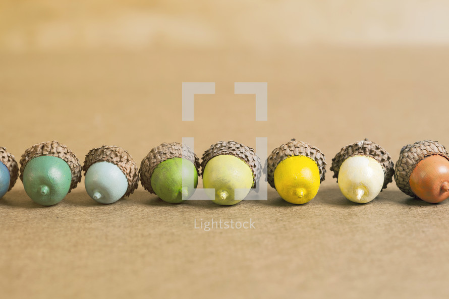 row of colorful acorns