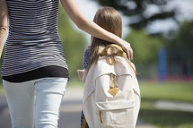 a young girl walking to school to with mom  