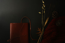 leather bound journal, knit scarf, and fall foliage 