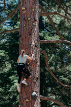 a woman climbing a tree with climbing pegs