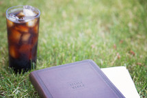 Bible and journal with drink in grass 