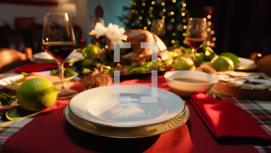 Thanksgiving dinner table with food set for