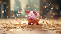 A happy pink piggy bank with coins falling all around. 