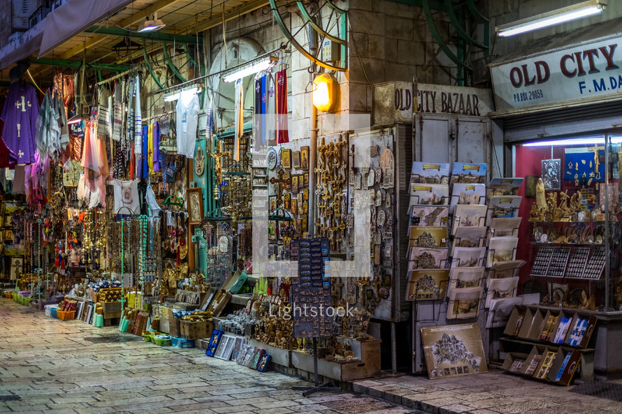 outdoor market in Jerusalem at night 