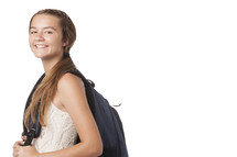 young student with backpack on white background.