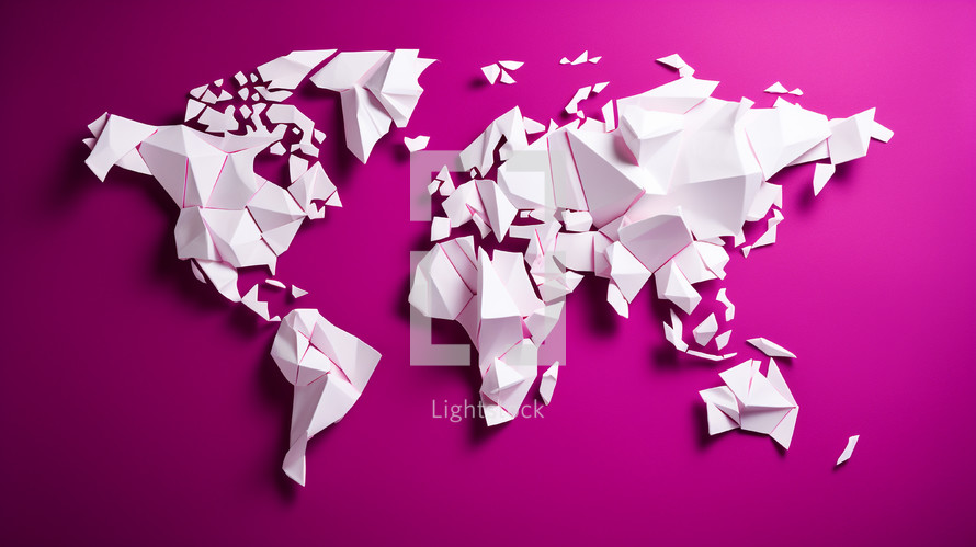 Origami style world map on a magenta background. 