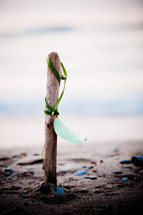 stake in the sand wrapped with a blade of grass and a leaf