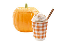 A Pumpkin Spice Latte Topped with Whipped Cream in a Disposable Cup on a White Background