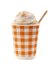 A Pumpkin Spice Latte Topped with Whipped Cream in a Disposable Cup on a White Background