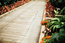 sidewalk lined with flowers 