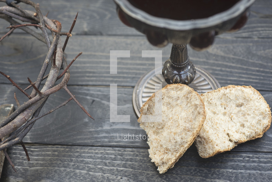 communion bread and wine and crown of thorns 