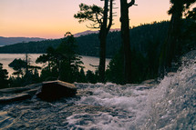rapids and waterfall at sunset 